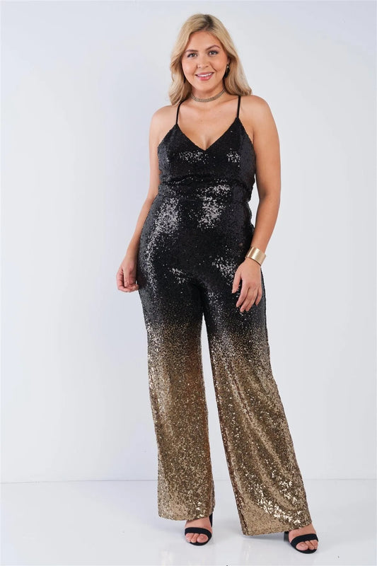 Junior Plus Size Black Gold Ombre Sequin Cami Straight Leg Criss Cross Back Jumpsuit /2-1-1 - Tasha Apparel Wholesale