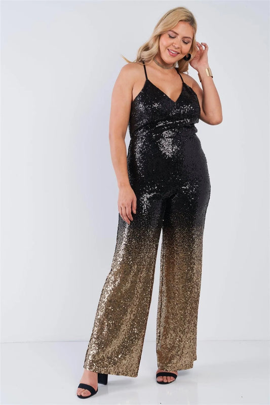 Junior Plus Size Black Gold Ombre Sequin Cami Straight Leg Criss Cross Back Jumpsuit /2-2-2 - Tasha Apparel Wholesale