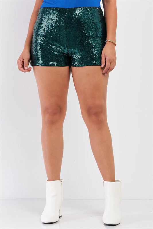 Junior Plus Hunter Green Shiny Sequin High Waisted Mini Shorts /2-2-2 - Tasha Apparel Wholesale