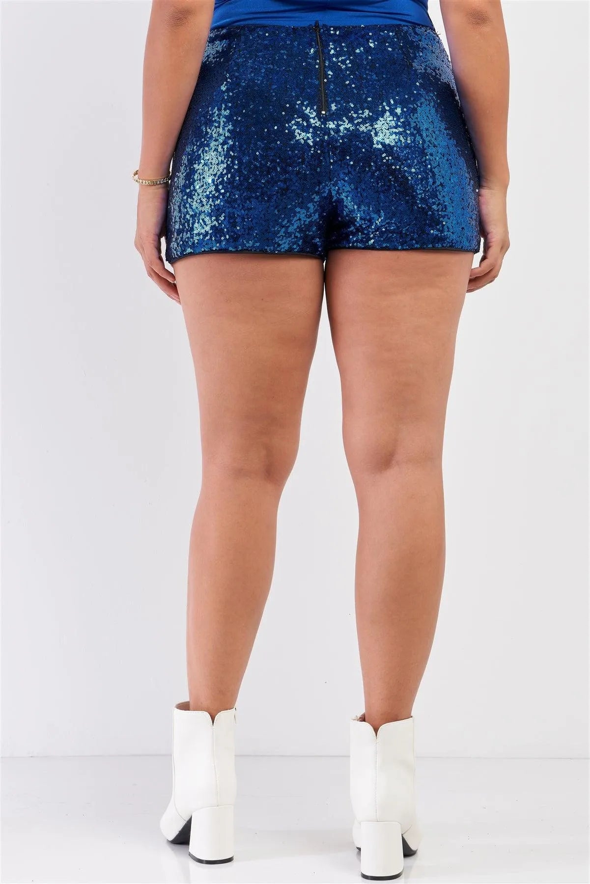 Junior Plus Royal Blue Shiny Sequin High Waisted Mini Shorts /2-2-2 - Tasha Apparel Wholesale