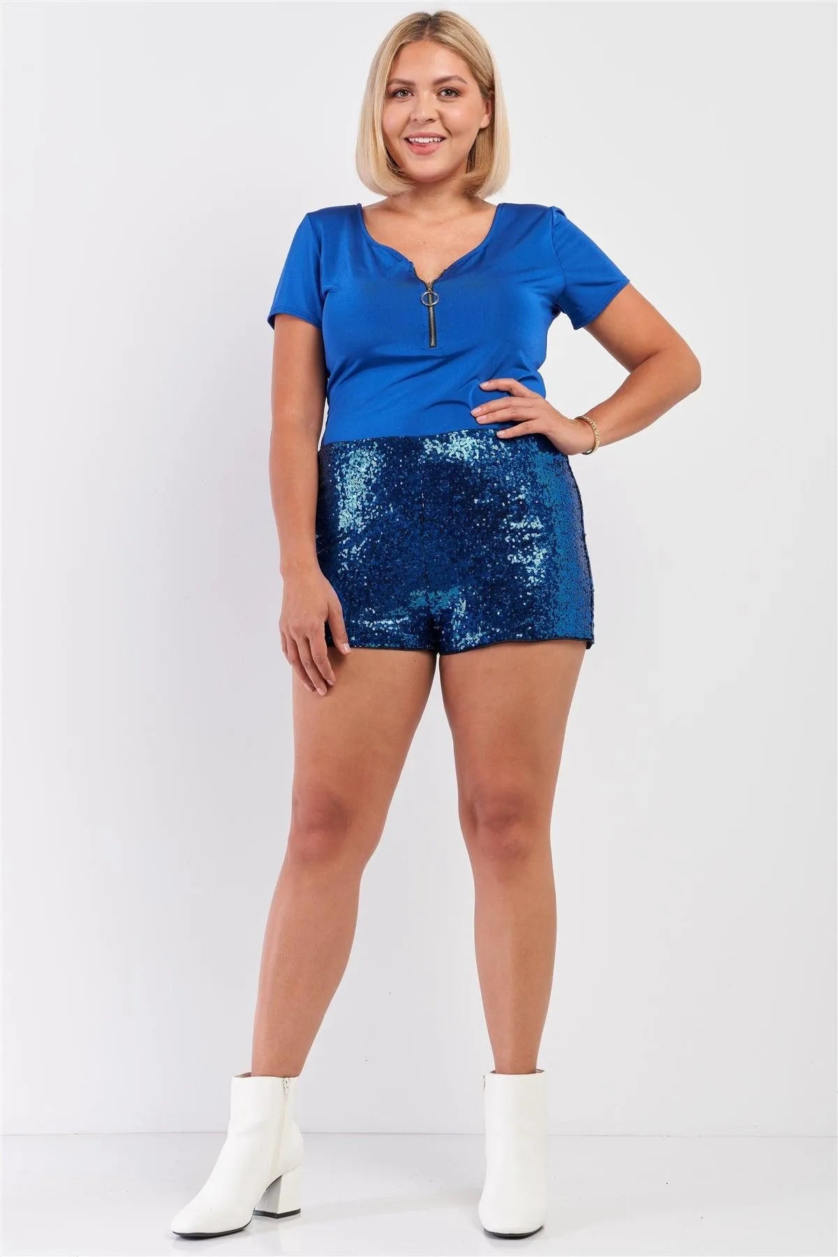 Junior Plus Royal Blue Shiny Sequin High Waisted Mini Shorts /2-2-2 - Tasha Apparel Wholesale