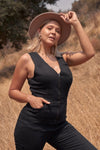 Junior Plus Size Washed Black Denim Front Zipper V-Neck Sleeveless Slit Ankle Detail Jumpsuit /2-2-2 - Tasha Apparel Wholesale