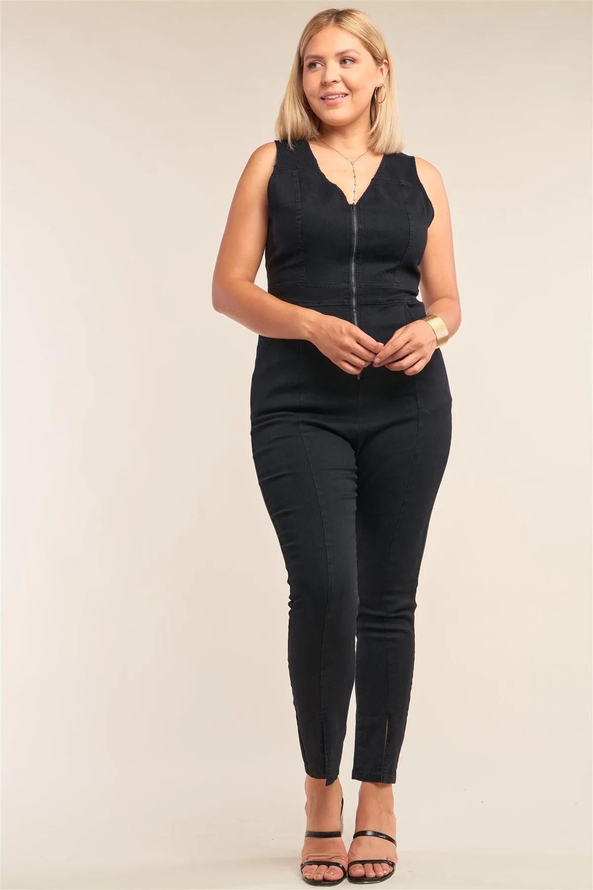 Junior Plus Size Washed Black Denim Front Zipper V-Neck Sleeveless Slit Ankle Detail Jumpsuit /2-2-2 - Tasha Apparel Wholesale