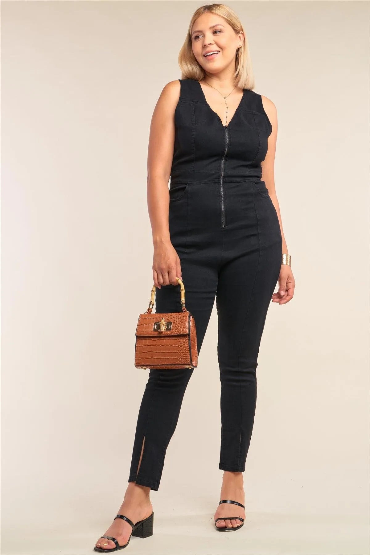 Junior Plus Size Washed Black Denim Front Zipper V-Neck Sleeveless Slit Ankle Detail Jumpsuit /2-2-2 - Tasha Apparel Wholesale