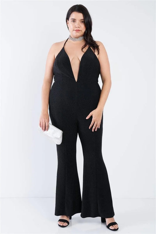 Junior Plus Size Black Shimmer Deep V-Neck Halter Flare Leg Jumpsuit /2-1-1 - Tasha Apparel Wholesale