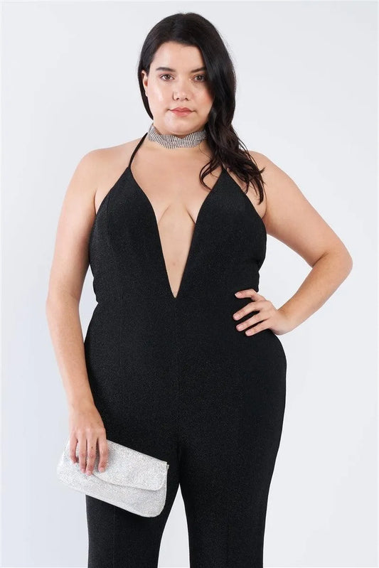 Junior Plus Size Black Shimmer Deep V-Neck Halter Flare Leg Jumpsuit /2-2-2 - Tasha Apparel Wholesale