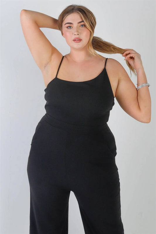 Junior Plus Black Sleeveless Asymmetrical Neck Two Pocket Side Jumpsuit /2-2-2 - Tasha Apparel Wholesale