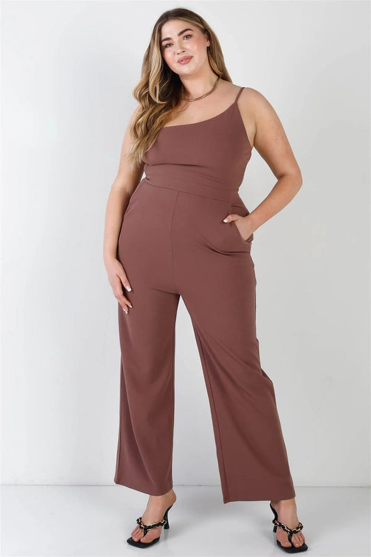 Junior Plus Mocha Sleeveless Asymmetrical Neck Two Pocket Side Jumpsuit /2-2-2 - Tasha Apparel Wholesale
