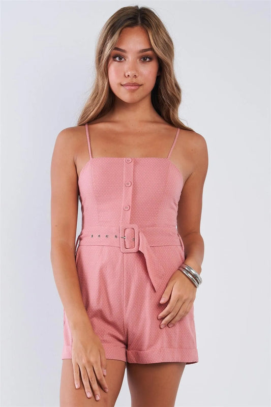 Coral Pink Polka Dot Belted Button Up Romper /3-2-1 - Tasha Apparel Wholesale