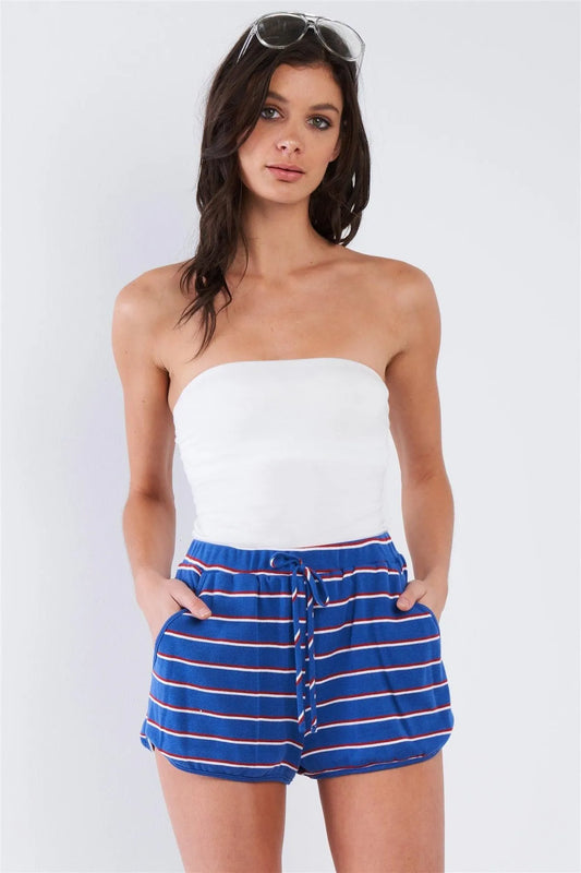 Blue Red & White Multi Stripe Casual Solid Hem Shorts - Tasha Apparel Wholesale