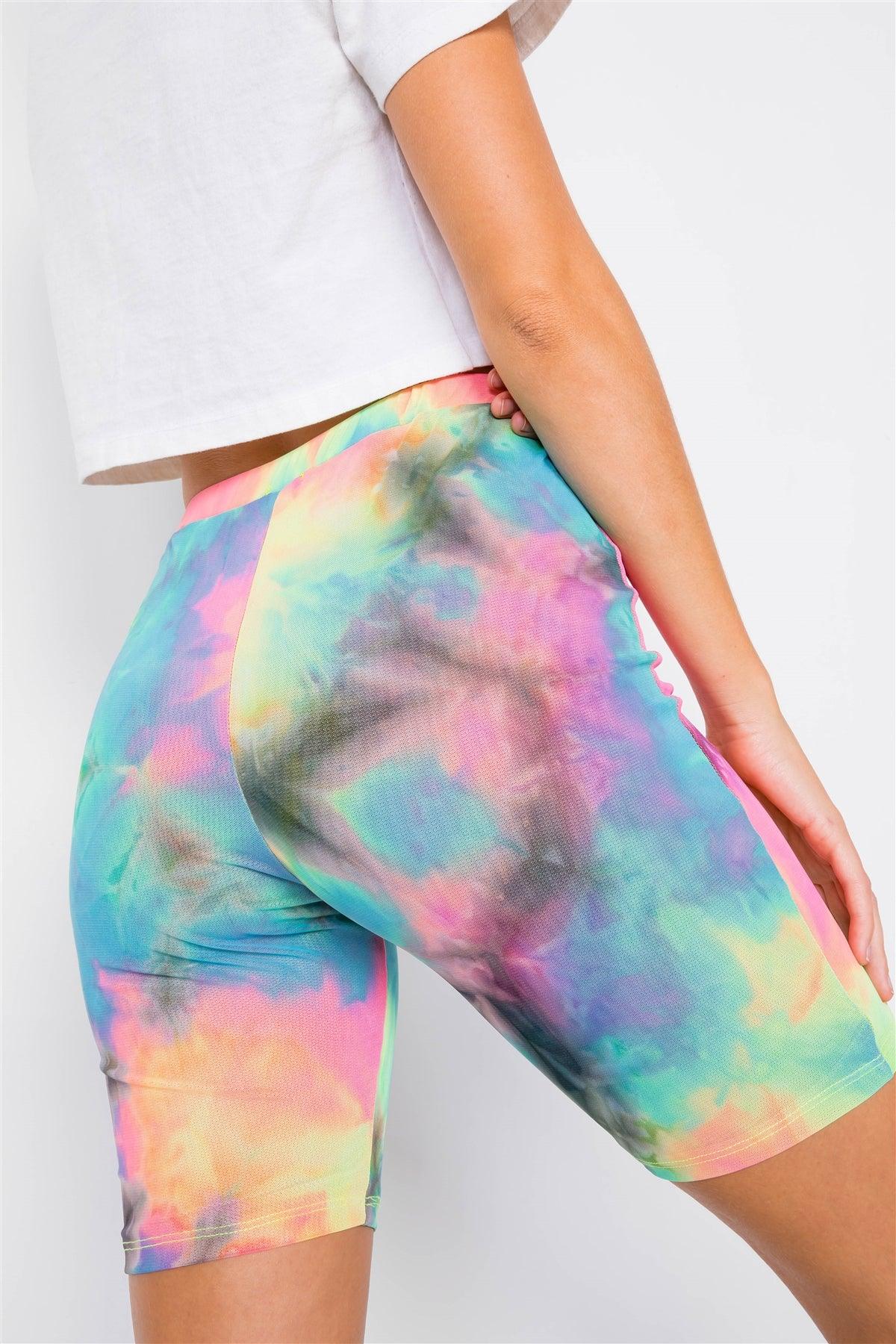 Neon Multi Tie Dye Mesh Sheer High-Waist Biker Shorts /3-2-1