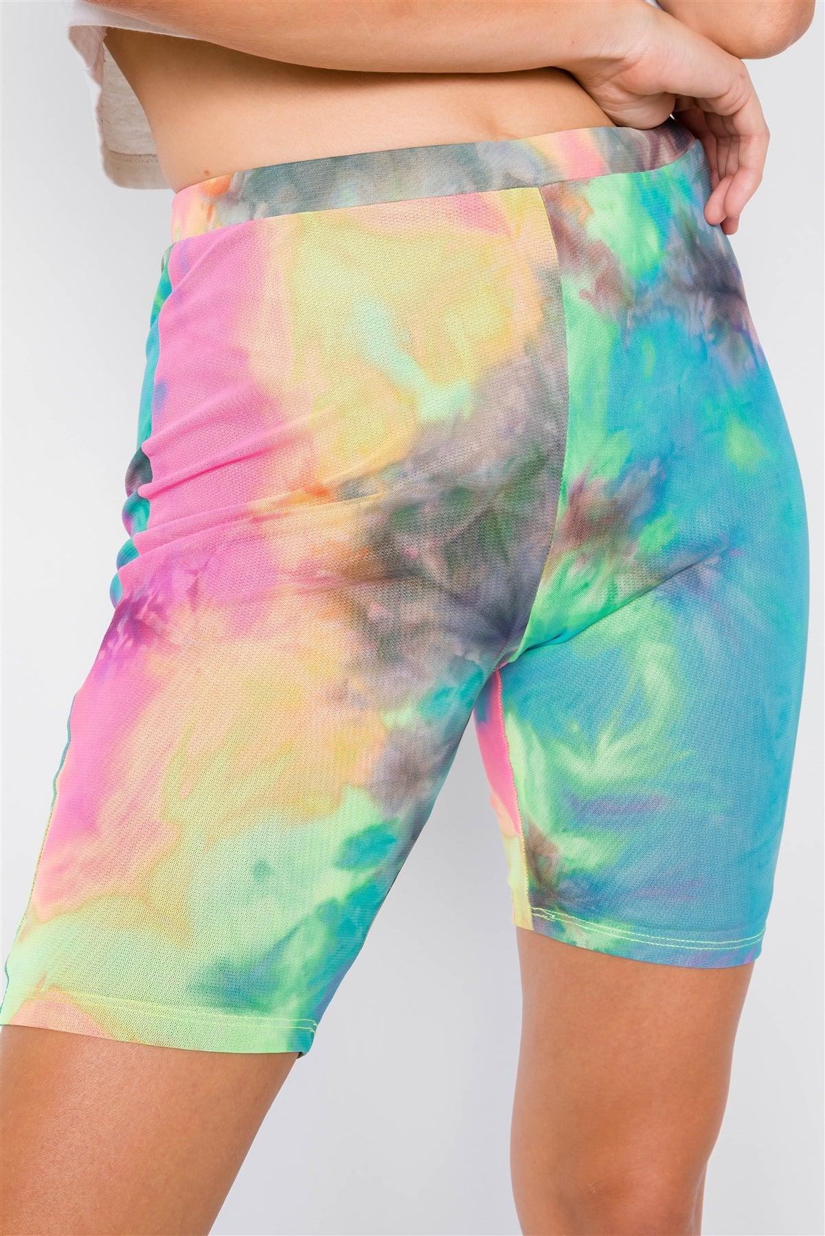 Neon Multi Tie Dye Mesh Sheer High-Waist Biker Shorts /1-3-2