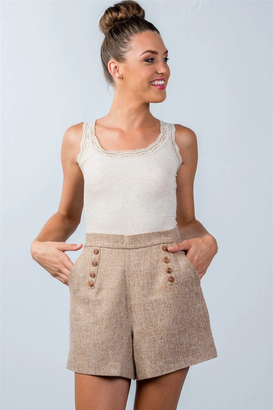 Brown Button-Detail Mini Shorts / 2-2-2 - Tasha Apparel Wholesale