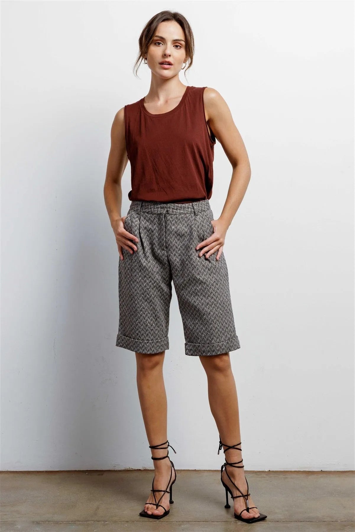 Black And White Knee Length Bermuda Plaid Shorts / 2-2-2 - Tasha Apparel Wholesale