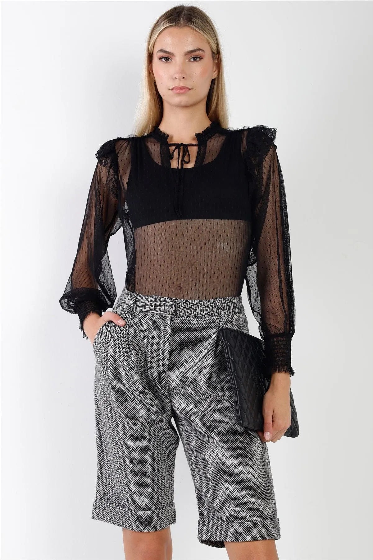 Black And White Knee Length Bermuda Plaid Shorts / 2-2-2 - Tasha Apparel Wholesale