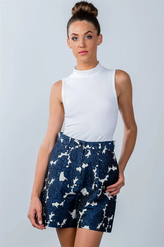 Navy Color-Block Floral Pattern Shorts / 2-2-2 - Tasha Apparel Wholesale