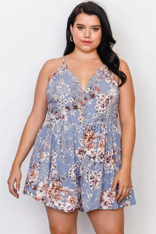 Plus Size Blue Floral Print Lace Trim Cut Out Back Romper /2-2-2 - Tasha Apparel Wholesale