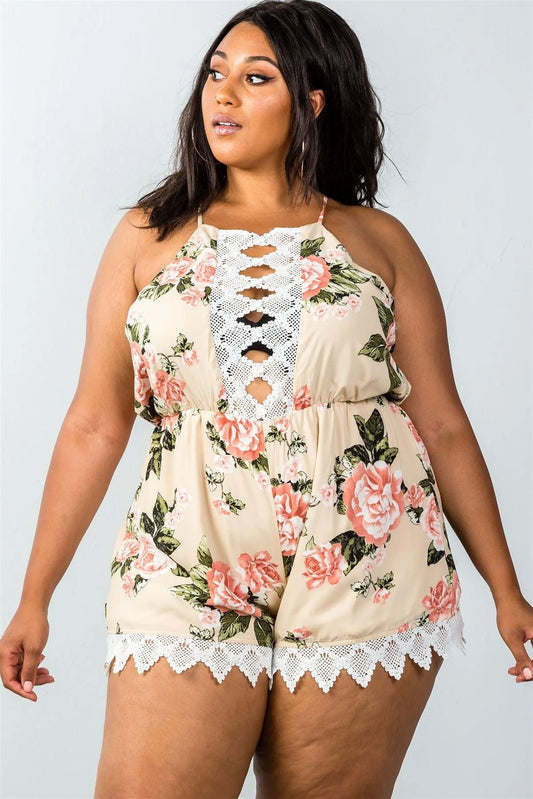 Plus Size Taupe Sleeveless Crochet Trim Romper /2-2-2 - Tasha Apparel Wholesale