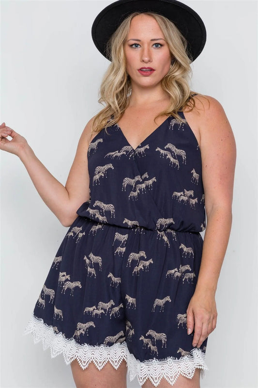 Plus Size Navy Zebra Print Boho Romper /2-2-2 - Tasha Apparel Wholesale