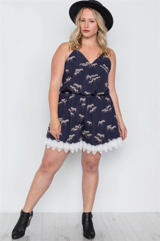 Plus Size Navy Zebra Print Boho Romper /2-3-3 - Tasha Apparel Wholesale