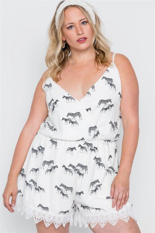 Junior Plus Size Off White Zebra Print Boho Romper /2-2-2 - Tasha Apparel Wholesale