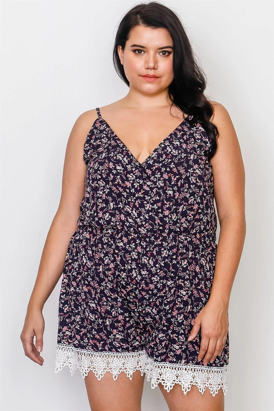 Plus Size Navy Floral Crochet Hem Tie Back Romper / 2-2-2 - Tasha Apparel Wholesale