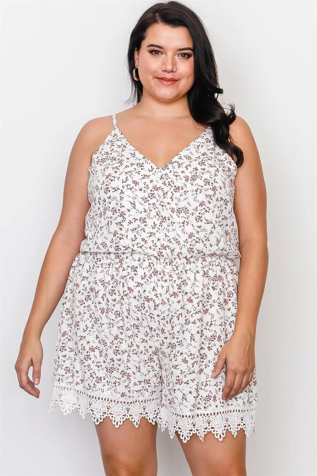 Plus Size Off White Floral Crochet Hem Tie Back Romper / 2-2-2 - Tasha Apparel Wholesale