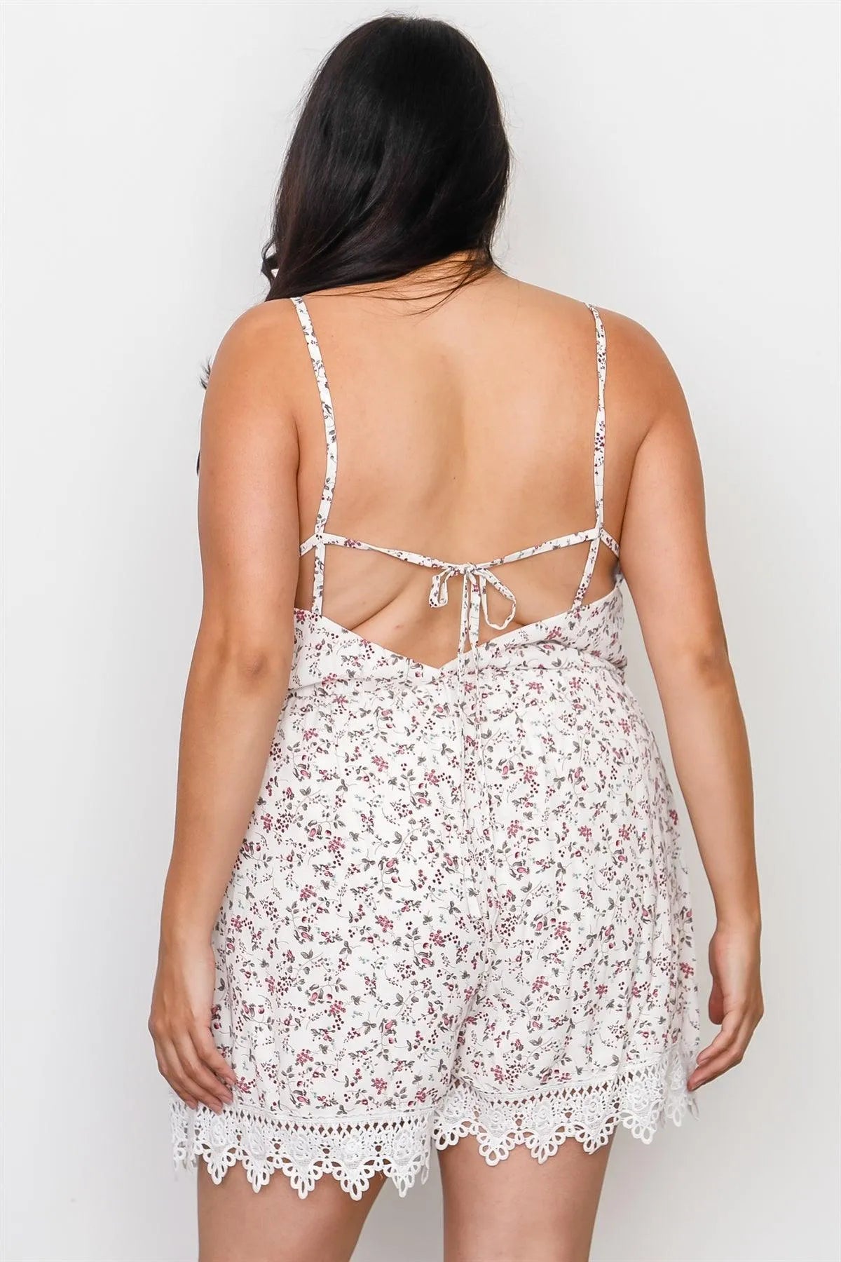Plus Size Off White Floral Crochet Hem Tie Back Romper / 2-2-2 - Tasha Apparel Wholesale