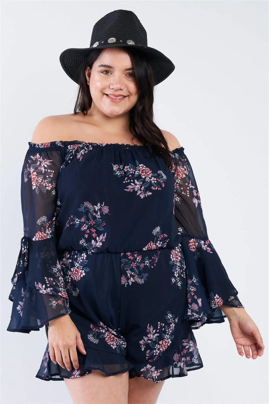 Plus Size Navy Floral Off The Shoulder Bell Sleeve Romper /2-1-1 - Tasha Apparel Wholesale