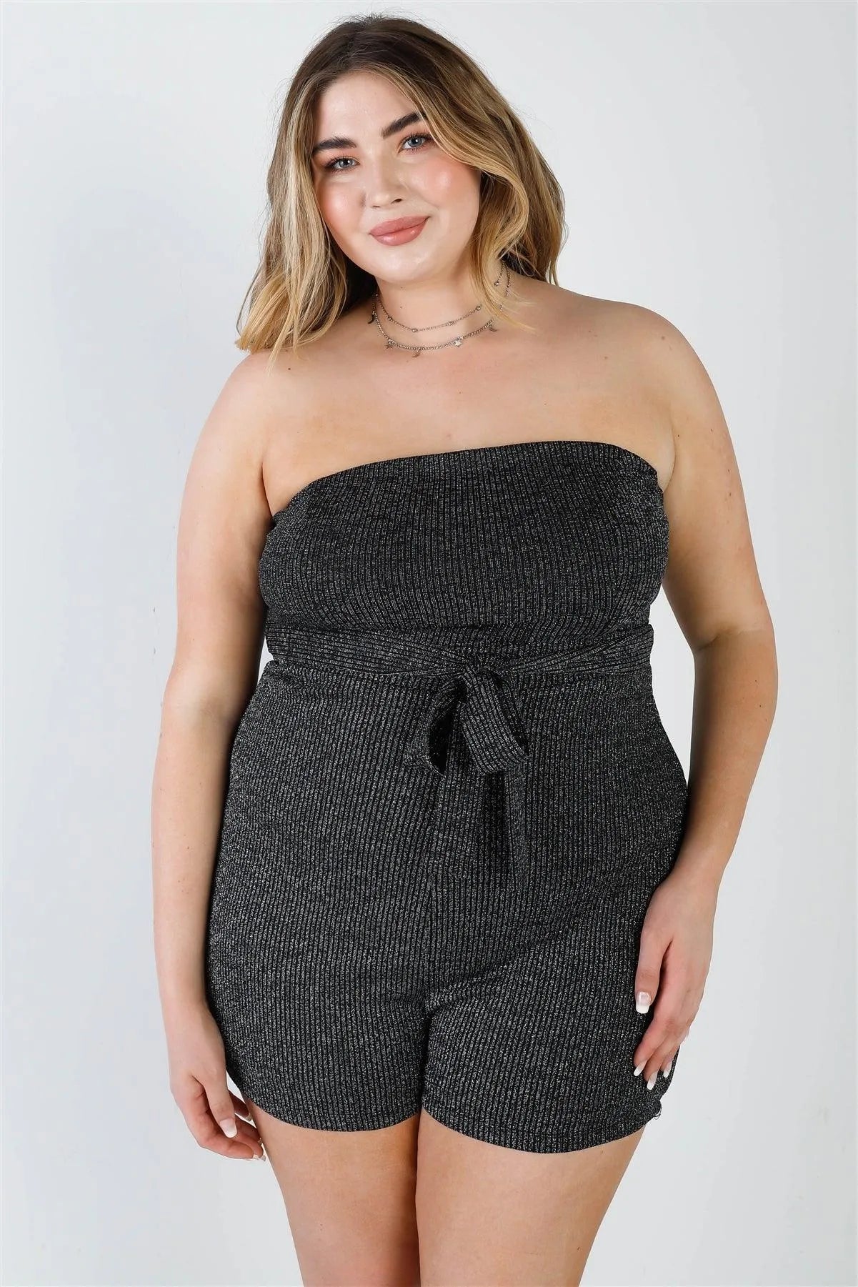 Junior Plus Black & Silver Lurex Ribbed Self-Tie Belted Sleeveless Romper /2-2-2 - Tasha Apparel Wholesale