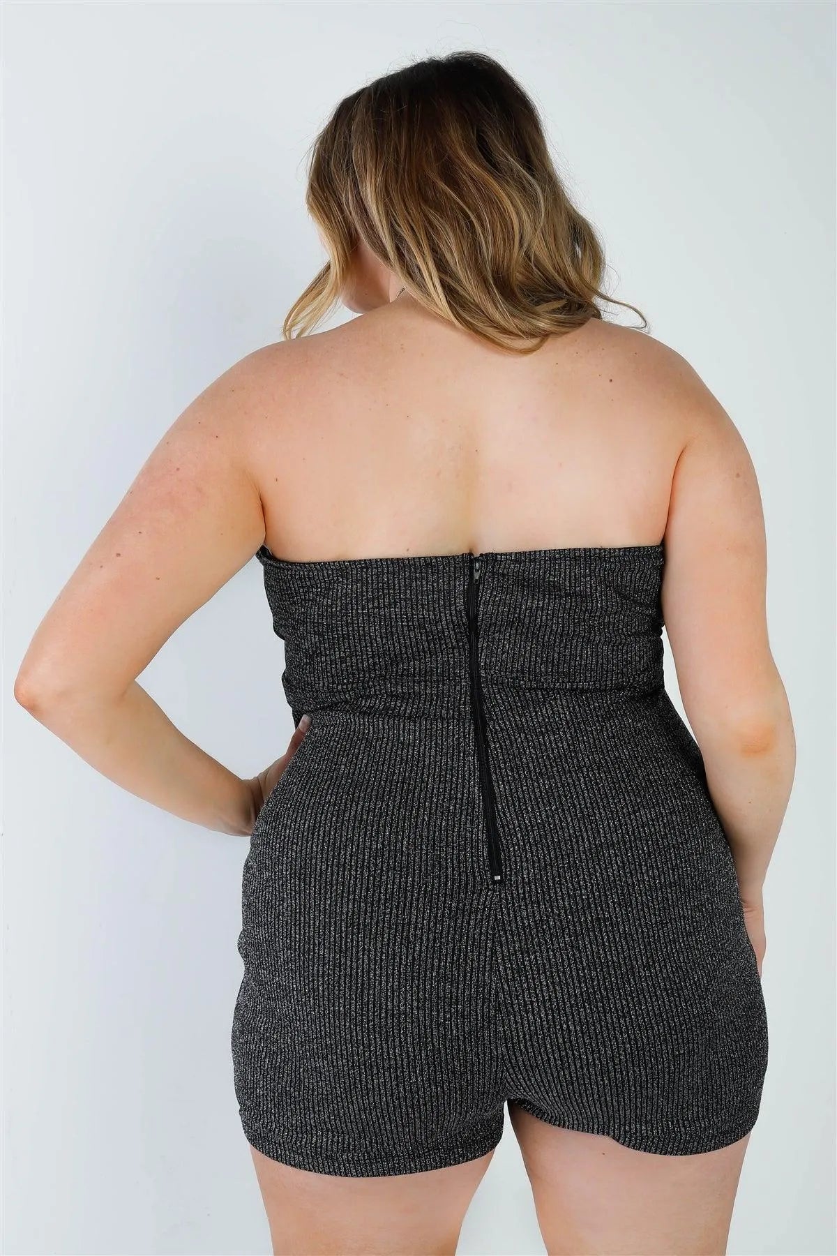 Junior Plus Black & Silver Lurex Ribbed Self-Tie Belted Sleeveless Romper /2-2-2 - Tasha Apparel Wholesale