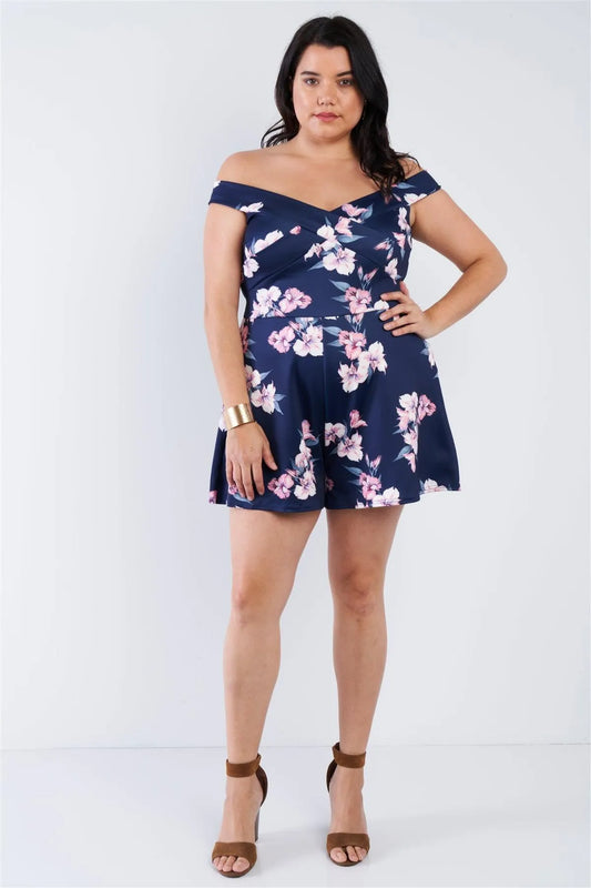 Junior Plus Size Navy Off Shoulder Floral Romper /2-2-2 - Tasha Apparel Wholesale