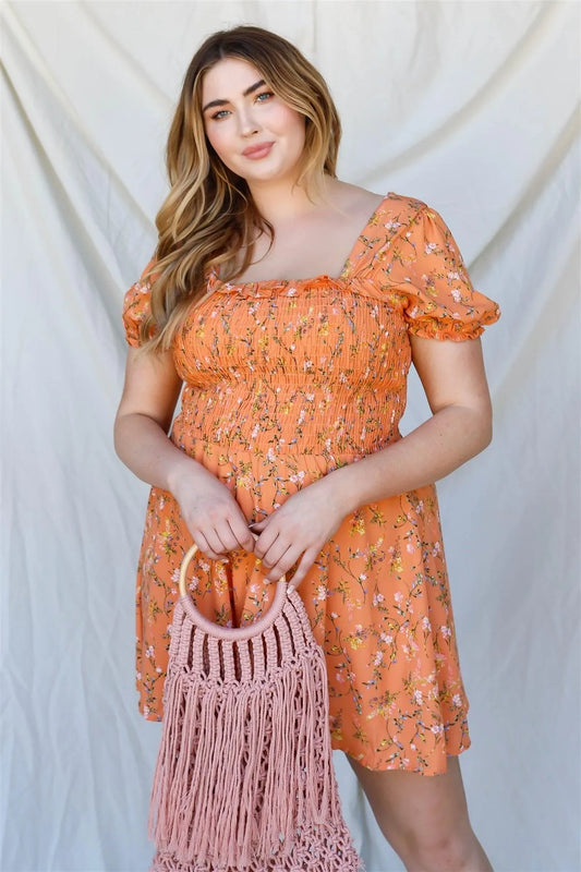 Junior Plus Apricot Floral Print Smocked Puff Short Sleeve Romper /2-2-2 - Tasha Apparel Wholesale