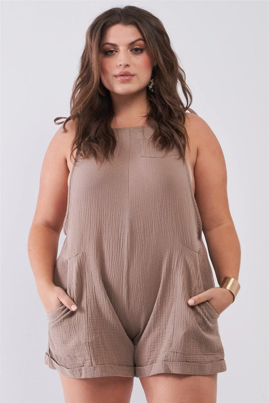 Junior Plus Taupe Square Neck Sleeveless Self-Tie Shoulders Drawstrings Front And Side Pockets Cuffed Romper /1-2-2 - Tasha Apparel Wholesale