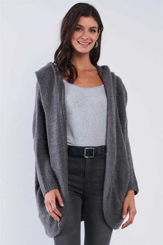 Charcoal Cuddly Hooded Long Sleeve Cardigan Sweater - Tasha Apparel Wholesale
