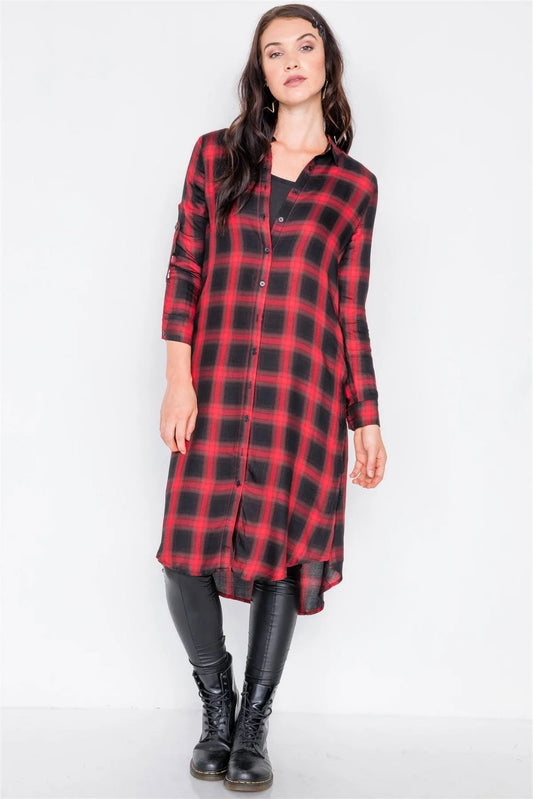 Red & Black Plaid Midi Casual Shirt Dress /2-2-2 - Tasha Apparel Wholesale