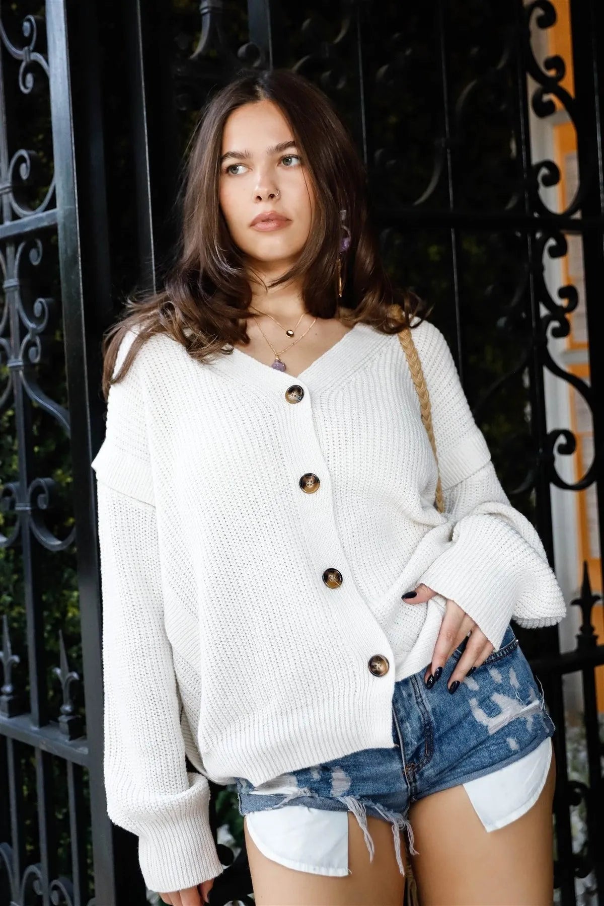 White Oversized Knit Contrast Button Stitch Sleeve Detail Cardigan /2-2-2 - Tasha Apparel Wholesale