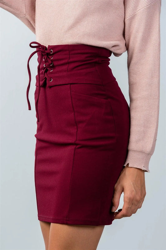 Burgundy Lace Up Pencil Mini Skirt / 2-2-2 - Tasha Apparel Wholesale
