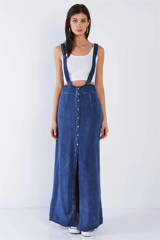 Navy Adjustable Overall Acid Washed Maxi Skirt /1-2-1 - Tasha Apparel Wholesale
