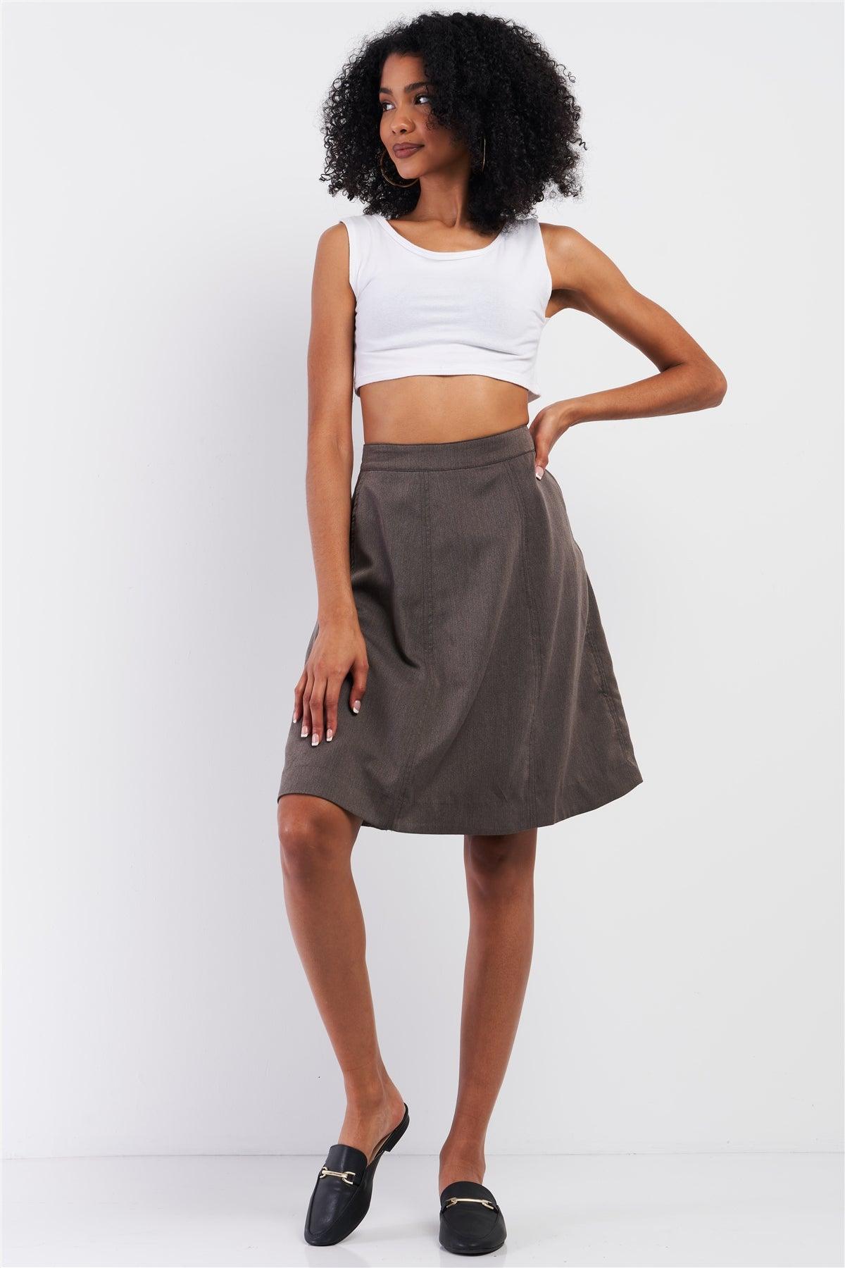 Grey Knee Length High Waisted A-Line Side Pocket Midi Skirt /2-2-2