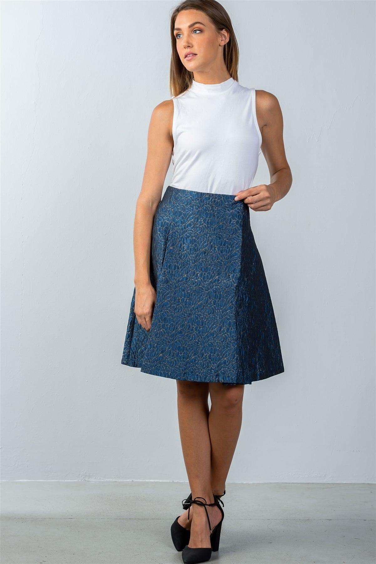 Blue Floral Pattern Textured Pleated Skirt /2-2-2