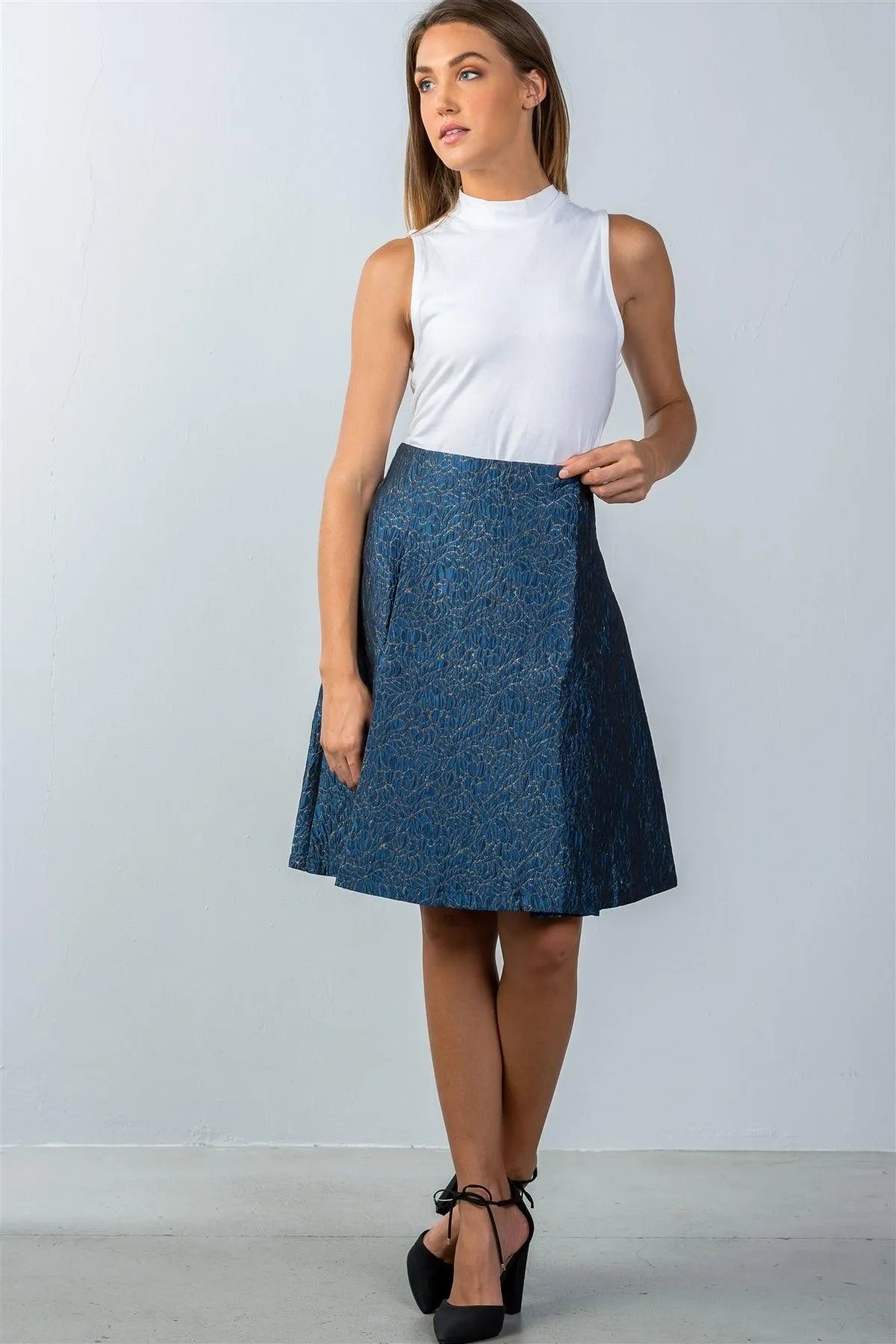 Blue Floral Pattern Textured Pleated Skirt /2-2-2 - Tasha Apparel Wholesale