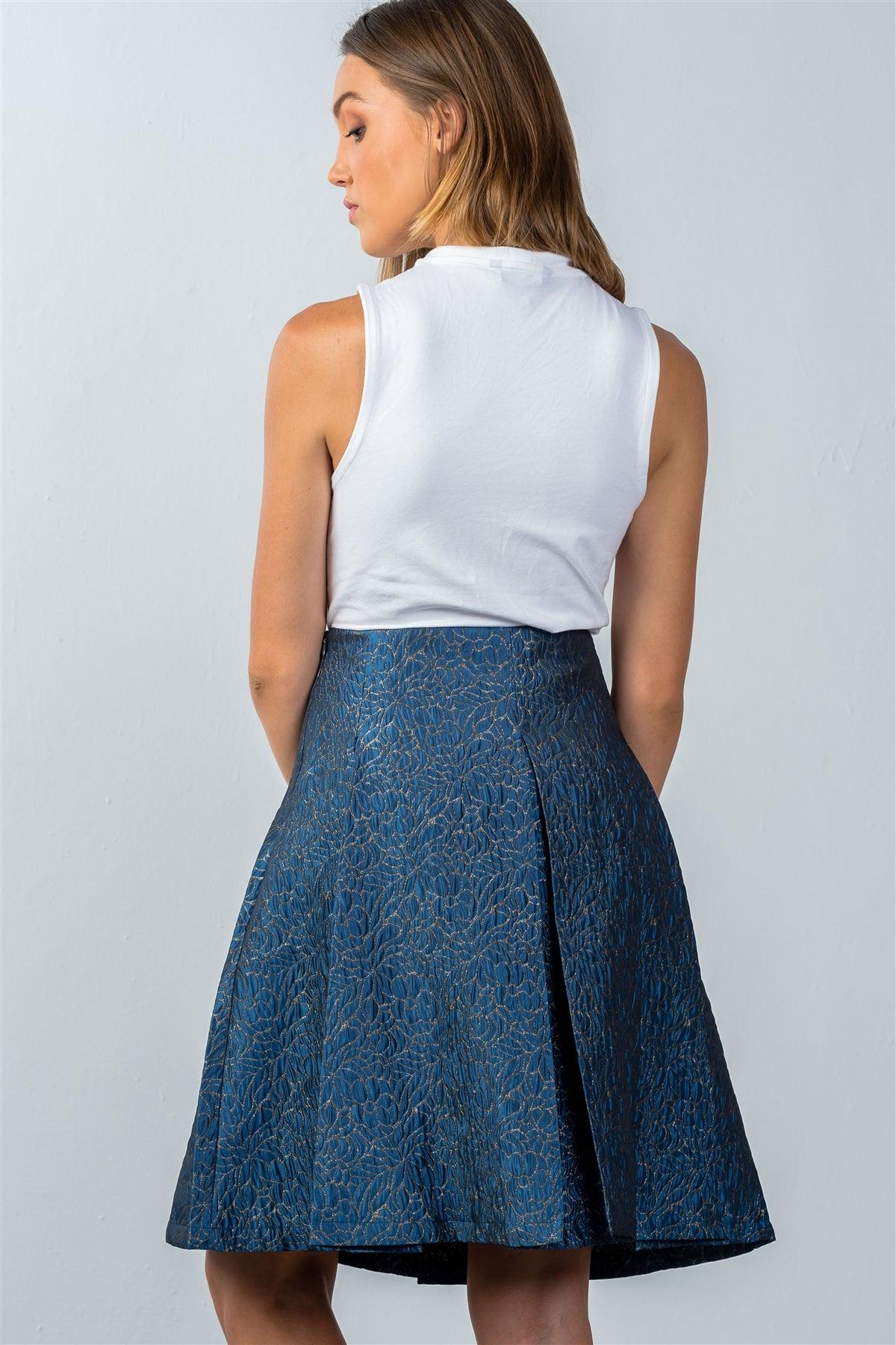 Blue Floral Pattern Textured Pleated Skirt /2-2-2