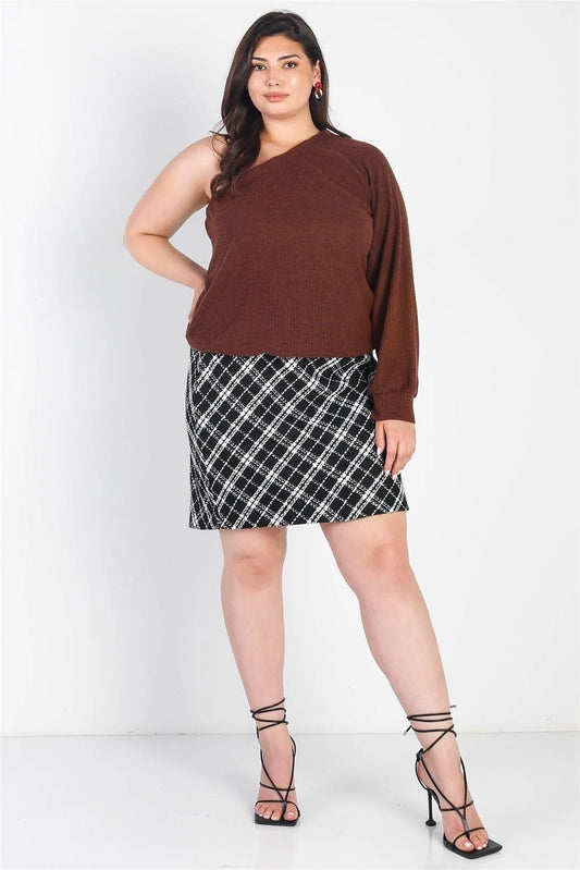 Junior Plus Black & White Plaid Tweed Mini Skirt /3-2-1 - Tasha Apparel Wholesale