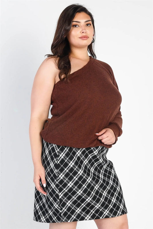 Junior Plus Black & White Plaid Tweed Mini Skirt /4-2-1 - Tasha Apparel Wholesale