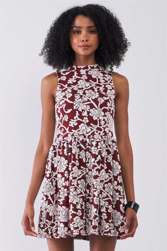 Burgundy & White Floral Crew Neck Sleeveless Fitted Mini Dress /1-1-2-1 - Tasha Apparel Wholesale