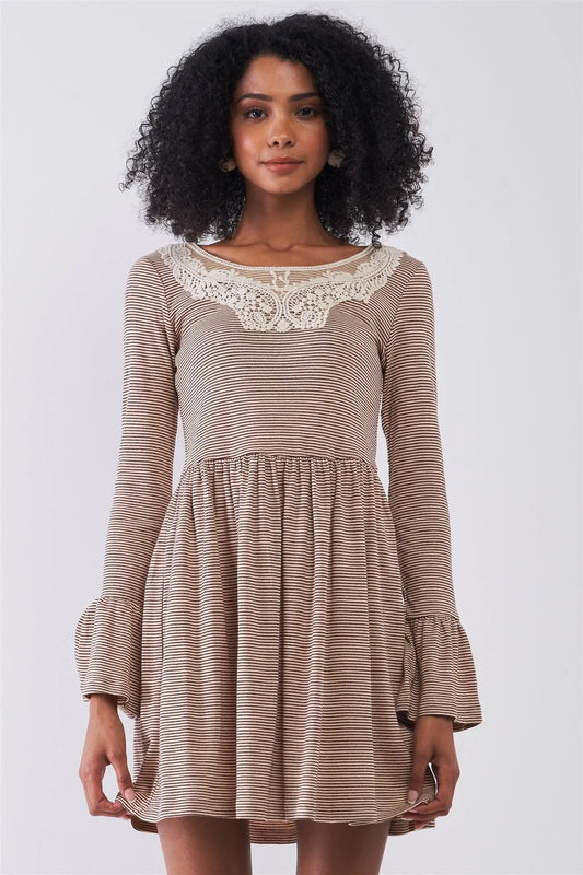 Taupe Horizontal Striped Embroidery Detail Long Sleeve With Flare Hem Mini Dress /1-1-2-1 - Tasha Apparel Wholesale
