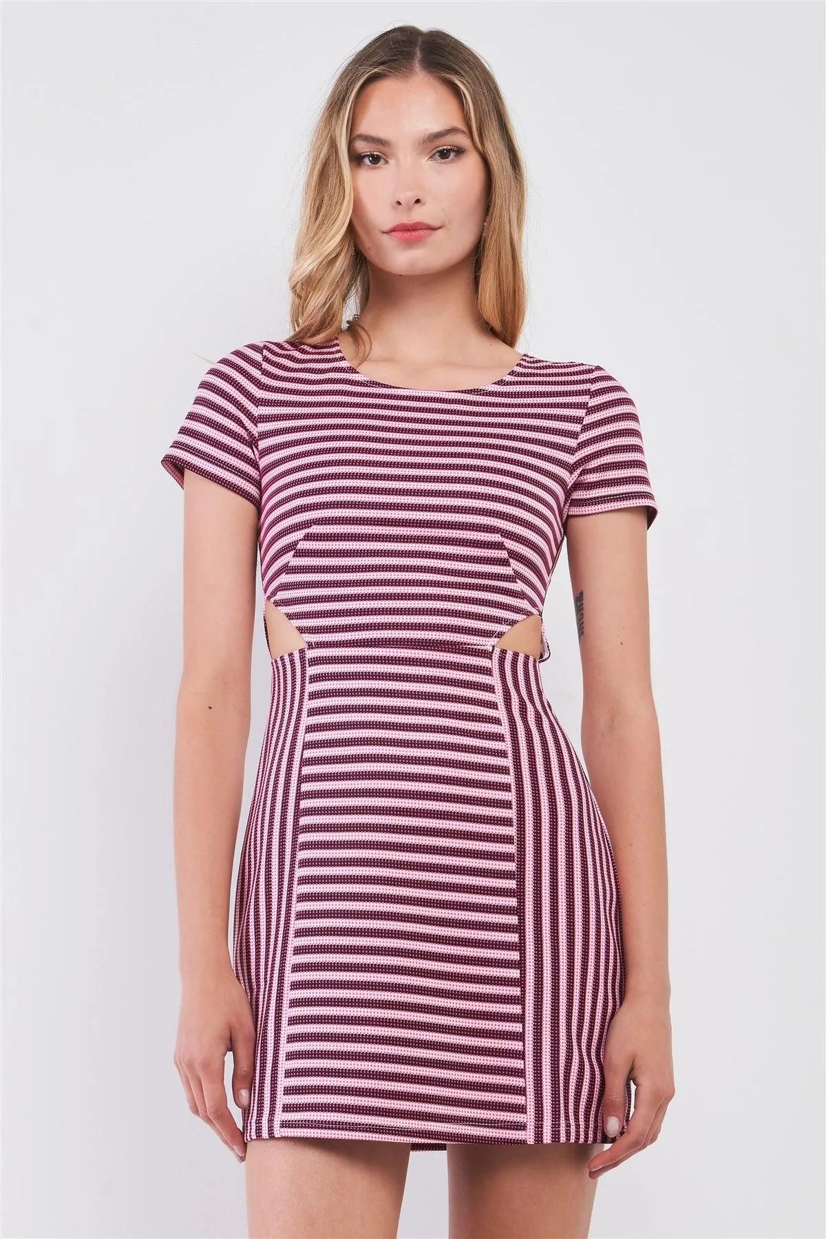 Pink & Black Striped Short Sleeve Cut-Out Detail Tight Fit Mini Dress /1-2-1 - Tasha Apparel Wholesale