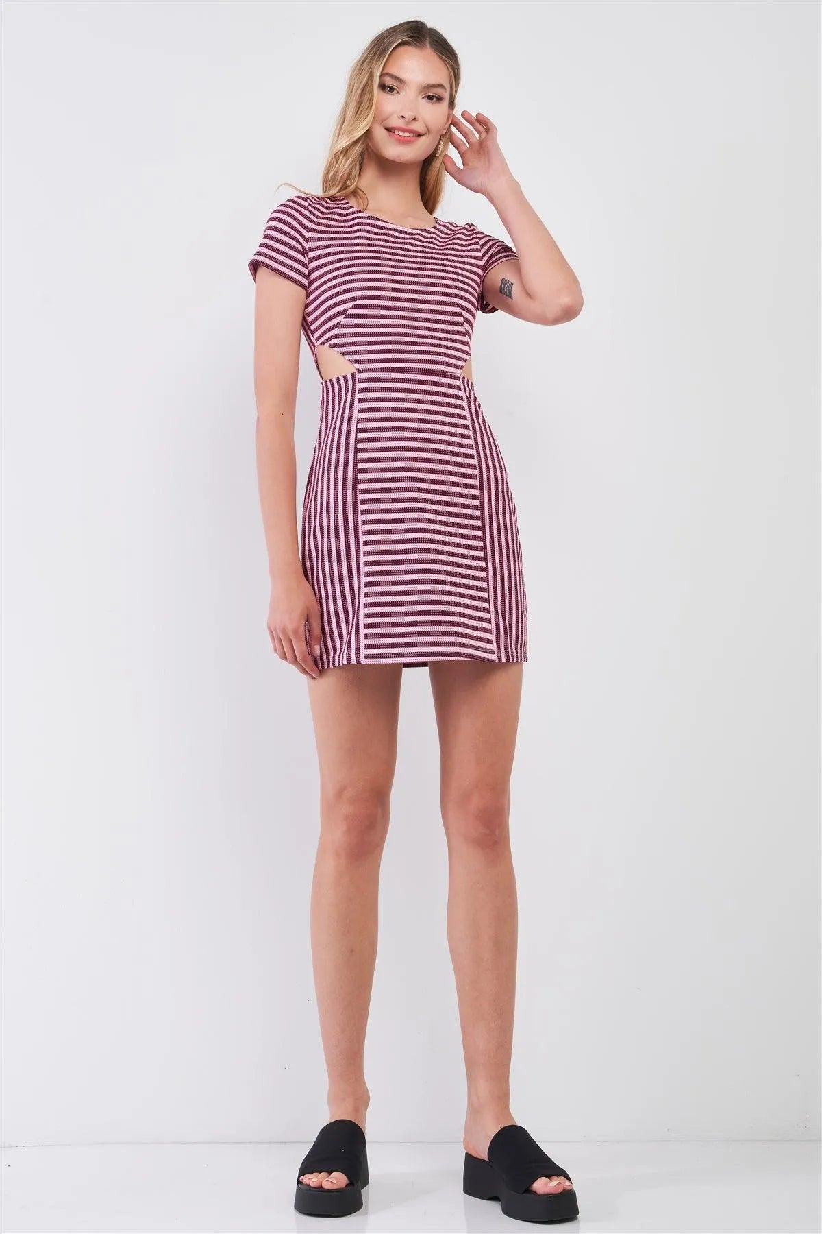 Pink & Black Striped Short Sleeve Cut-Out Detail Tight Fit Mini Dress /1-2-1 - Tasha Apparel Wholesale