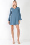 Slate Blue V-Neck Trumpet Sleeve Detail Flowing Relaxed Mini Dress /1-1-2-2-1 - Tasha Apparel Wholesale